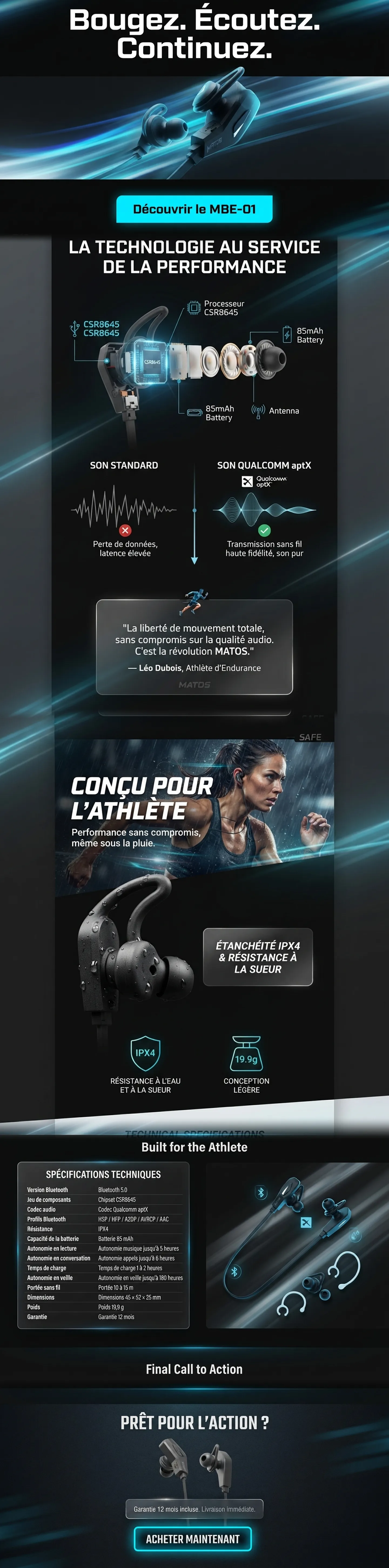 MATOS MBE-01 — Écouteurs sport Bluetooth